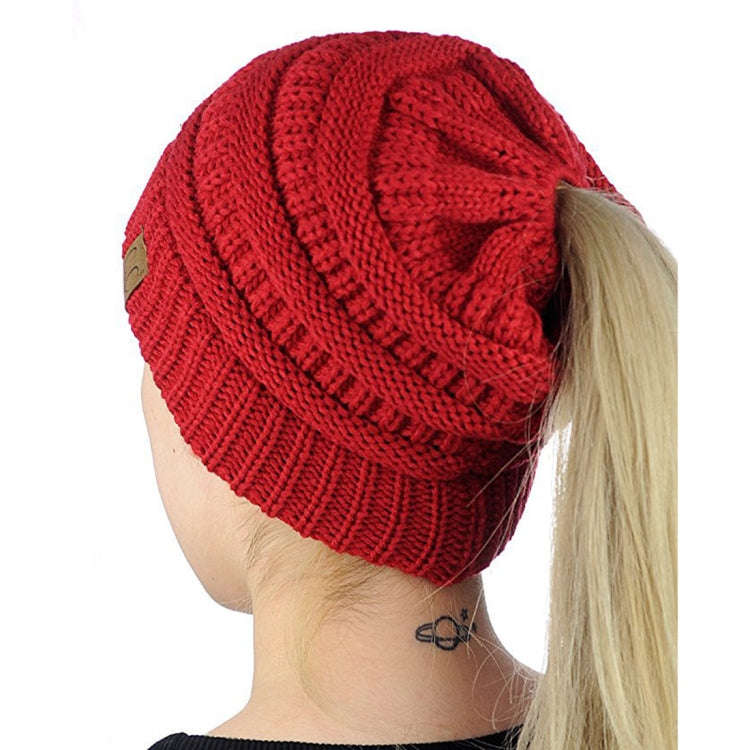 CC Letter Ponytail Cap Knitting Hat for Ladies, Black, Grey, Magenta, Black+Grey, Red, Baby Blue,...