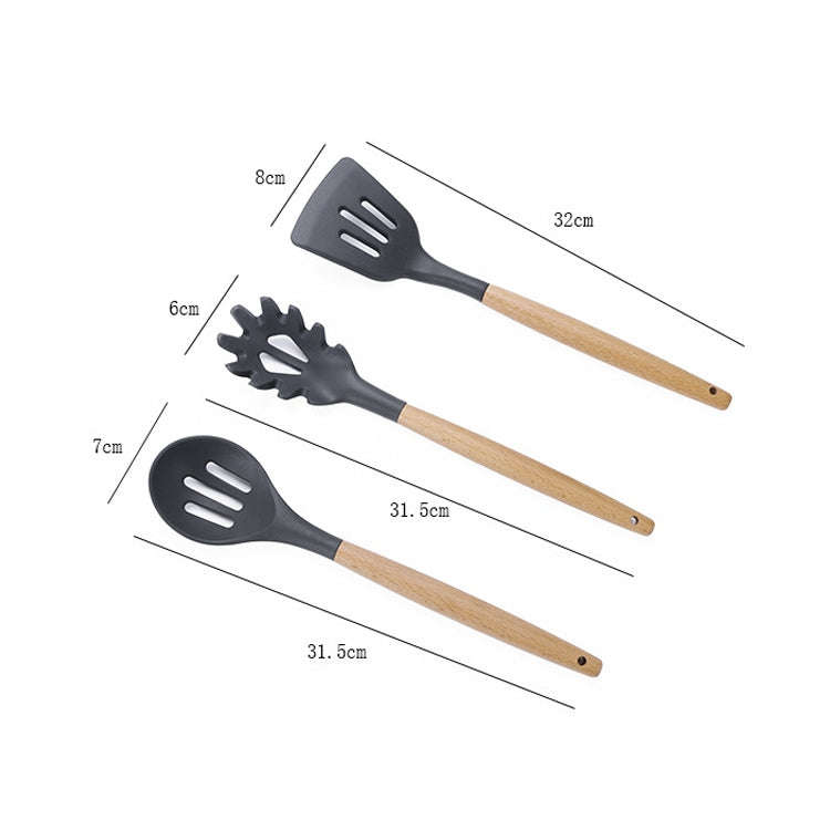kn082 9 in 1 Wooden Handle Silicone Kitchen Tool Set with Storage Bucket, Black, Pink, Green