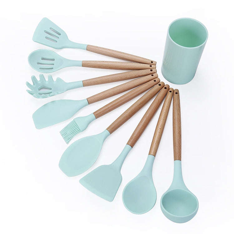 kn082 9 in 1 Wooden Handle Silicone Kitchen Tool Set with Storage Bucket, Black, Pink, Green