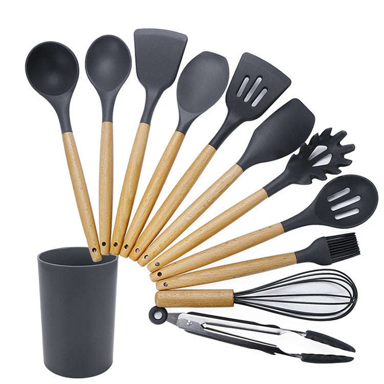 kn082 11 in 1 Wooden Handle Silicone Kitchen Tool Set with Storage Bucket, Black, Pink, Green
