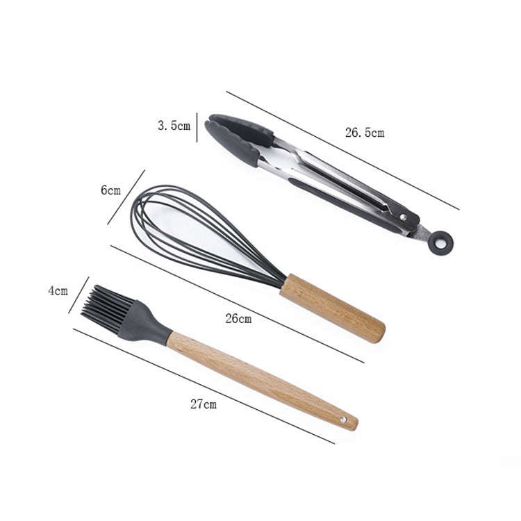 kn082 11 in 1 Wooden Handle Silicone Kitchen Tool Set with Storage Bucket, Black, Pink, Green