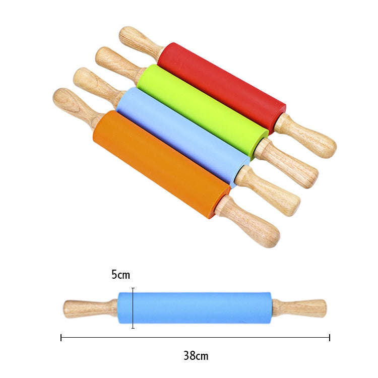 kn055 Solid Wooden Handle Silicone Rolling Pin Non-stick Food Dumpling Stick, Length: 38cm, Rando...