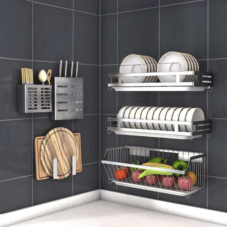 304 Stainless Steel Wall-mounted Kitchen Rack Hanging Knife Holder Double Cage Chopsticks Caniste...