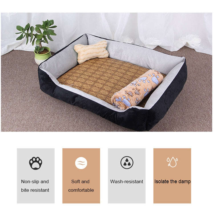 Dog Bone Pattern Big Soft Warm Kennel Pet Dog Cat Mat Blanket, with Rattan Mat & Blanket Size: L,...