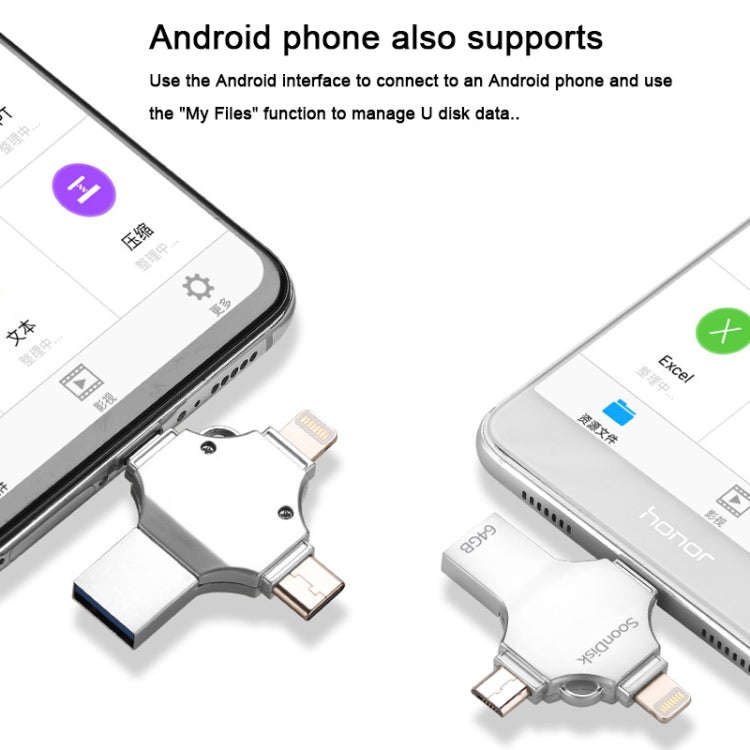 4 in 1 64GB USB 3.0 + 8 Pin + Mirco USB + USB-C / Type-C Dual-use Flash Drive with OTG Function, ...