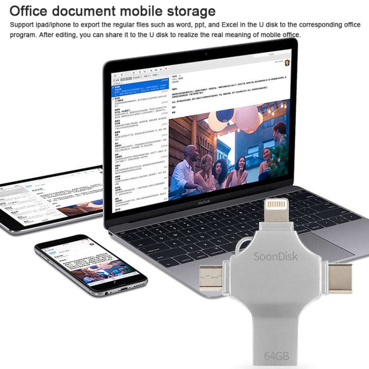 4 in 1 64GB USB 3.0 + 8 Pin + Mirco USB + USB-C / Type-C Dual-use Flash Drive with OTG Function, ...