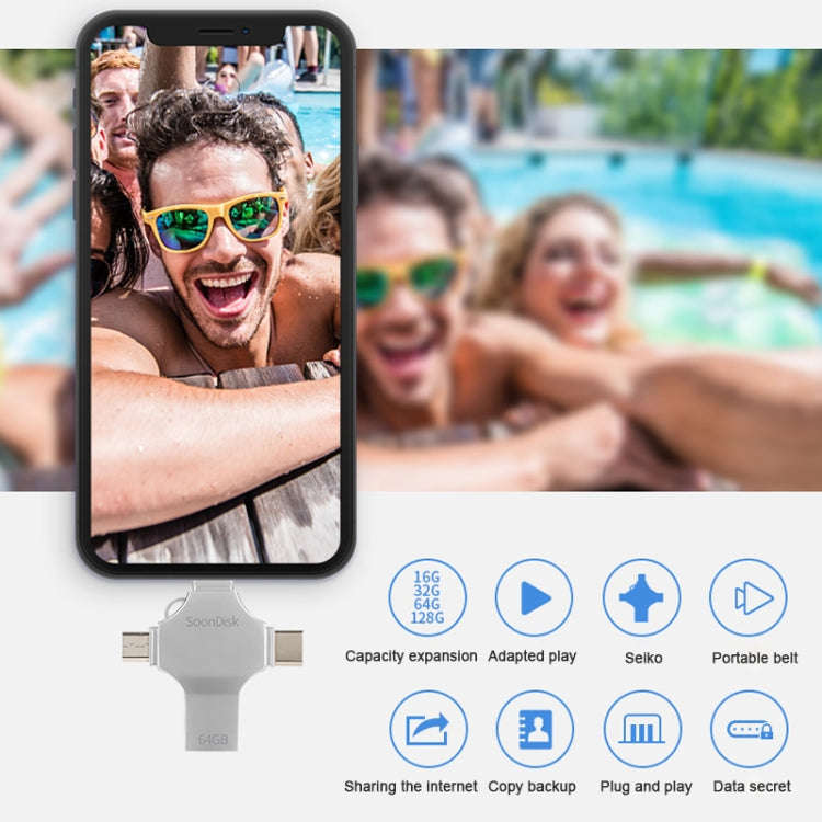 4 in 1 64GB USB 3.0 + 8 Pin + Mirco USB + USB-C / Type-C Dual-use Flash Drive with OTG Function, ...