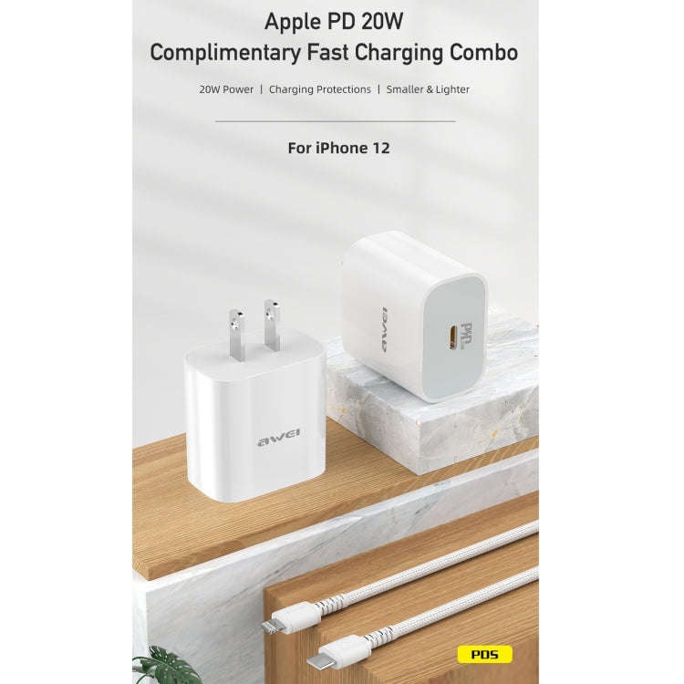 awei PD5 PD 20W Fast Charging Travel Charger Power Adapter with Type-C / USB-C to 8 Pin Cable, US...