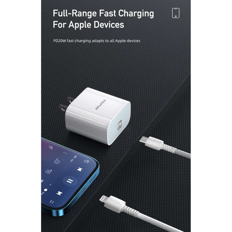 awei PD5 PD 20W Fast Charging Travel Charger Power Adapter with Type-C / USB-C to 8 Pin Cable, US...