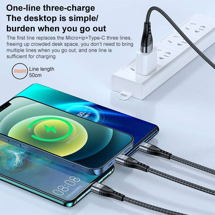 ADC-138 66W 3 in 1 USB to 8 Pin + Micro USB + USB-C / Type-C Fast Charging Braided Data Cable, Ca...