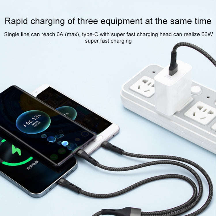 100W 6A Type-C to 8 Pin+Type-C+Micro USB Charging Data Cable, 1.3m
