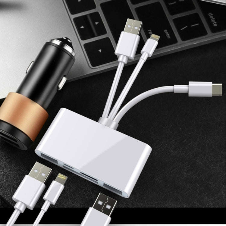 5 in 1 8 Pin + Type-C / USB-C + USB + TF Card + SD Card Multi-function Camera Reader Adapter, 5 in 1