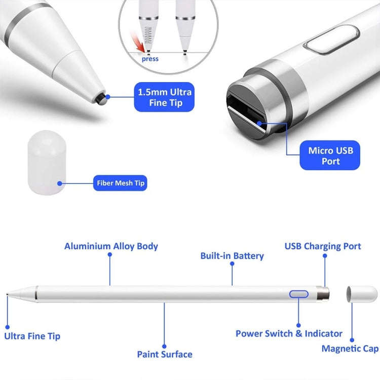 Pencil Universal Rechargeable Active Capacitive Stylus Pen with Magnetic Cap, Pencil White, Penci...