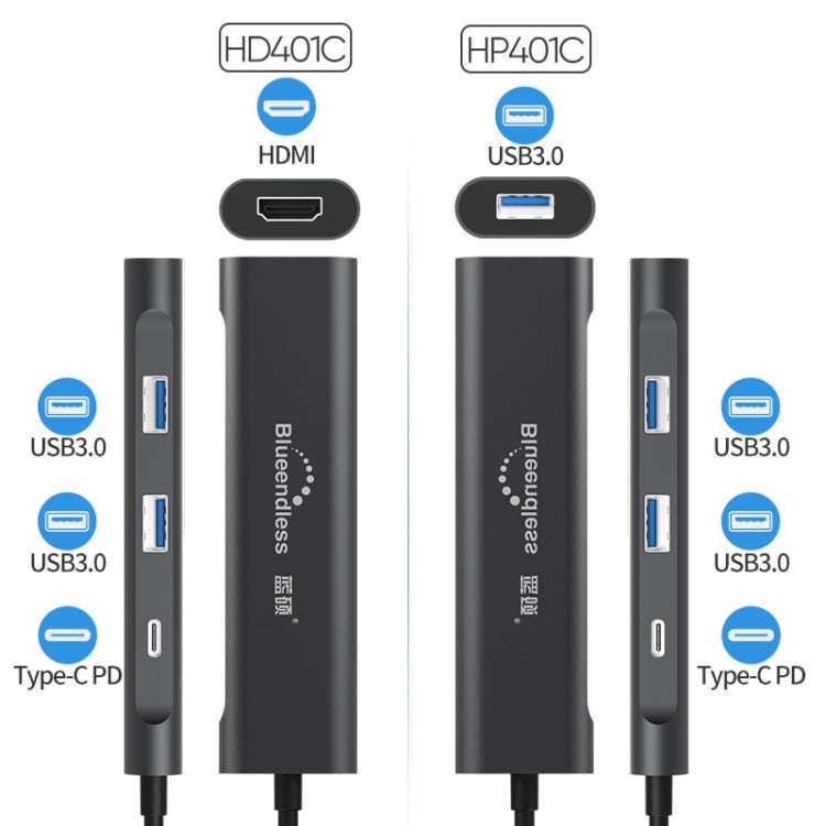 Blueendless 4 In 1 Multi-function Type-C / USB-C to HDMI + PD + Dual USB 3.0 HUB Expansion Dock, ...