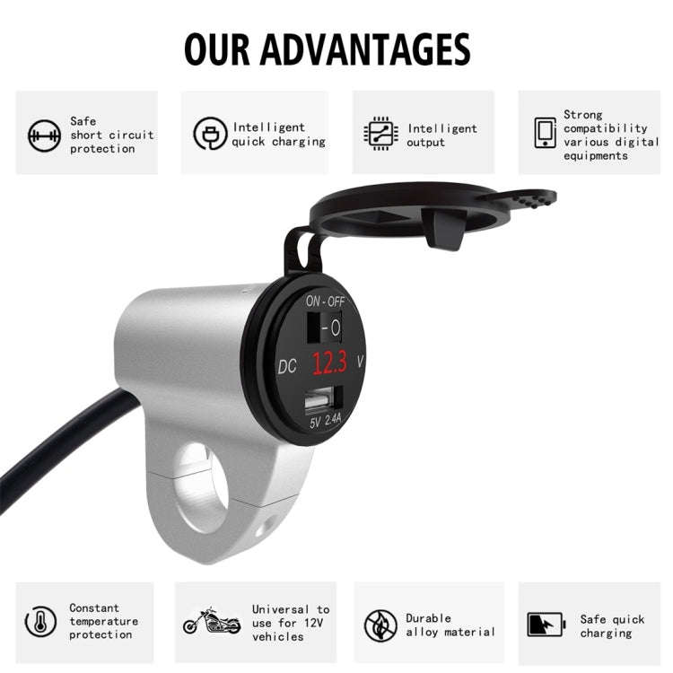 ZH-975A1 Motorcycle Aluminum Alloy Waterproof Mobile Phone Single USB Charger with Red Voltmeter,...