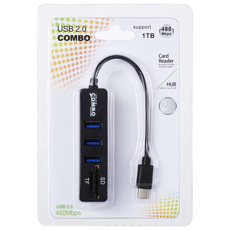 2 in 1 TF & SD Card Reader + 3 x USB Ports to USB-C / Type-C HUB Converter, Total Length: 24cm, T...