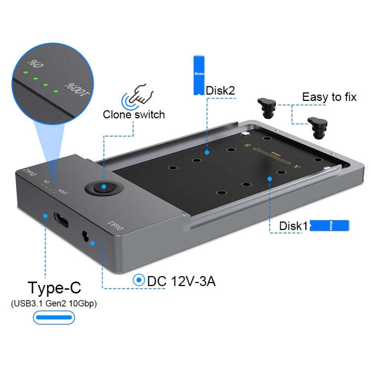 Rocketek ME921 USB3.1 Gen2 Dual M.2 Solid State Drive Box NVMe Docking Station, EU Plug, EU Plug