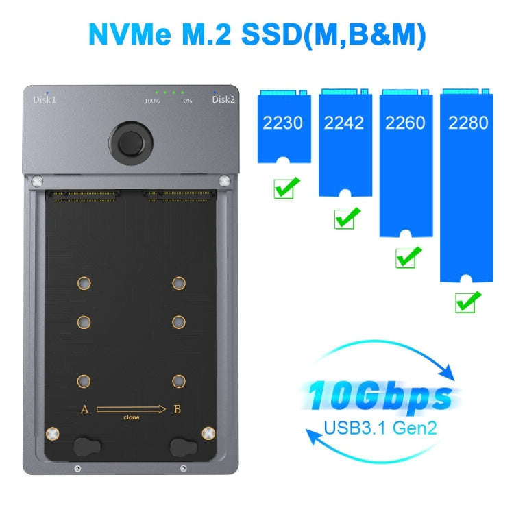 Rocketek ME921 USB3.1 Gen2 Dual M.2 Solid State Drive Box NVMe Docking Station, EU Plug, EU Plug