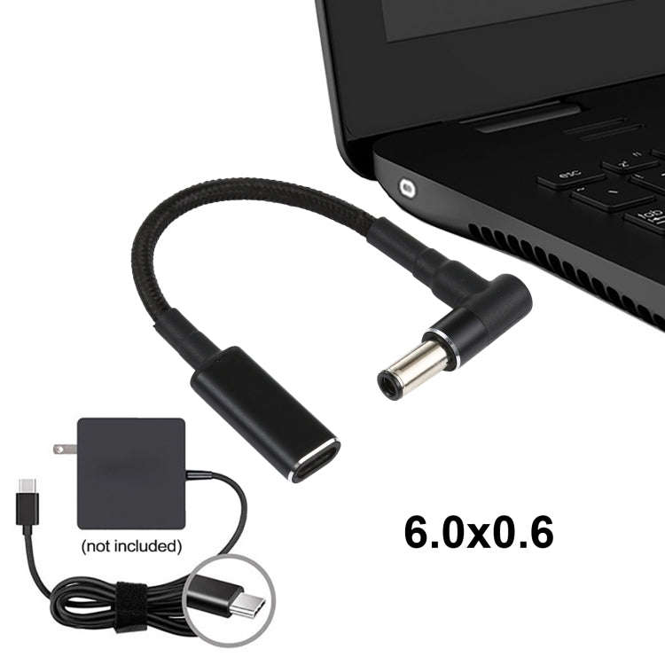 PD 100W 18.5-20V 6.0 x 0.6mm Elbow to USB-C / Type-C Adapter Nylon Braid Cable, 6.0 x 0.6mm