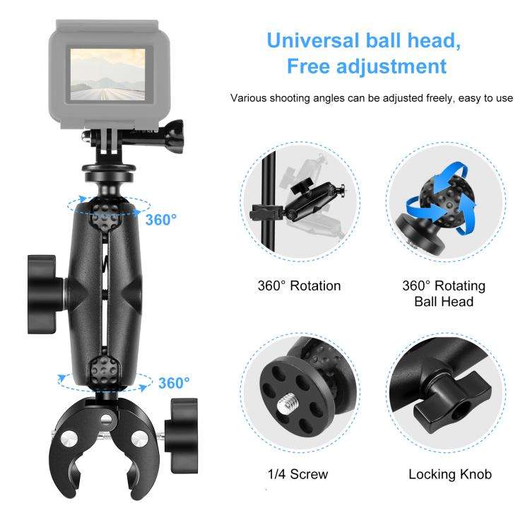 PULUZ Motorcycle Crab Clamp Handlebar Fixed Mount Holder for DJI, Insta360, GoPro and Other Actio...