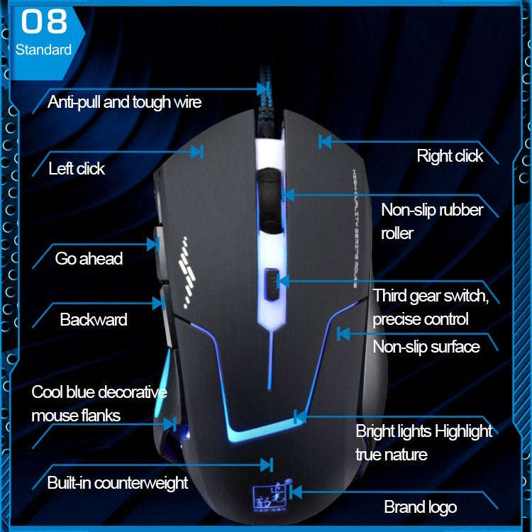 T7 Wired 3 Color Changeable 1200 DPI 1600DPI 2400DPI Gaming USB Optical Mouse, T7