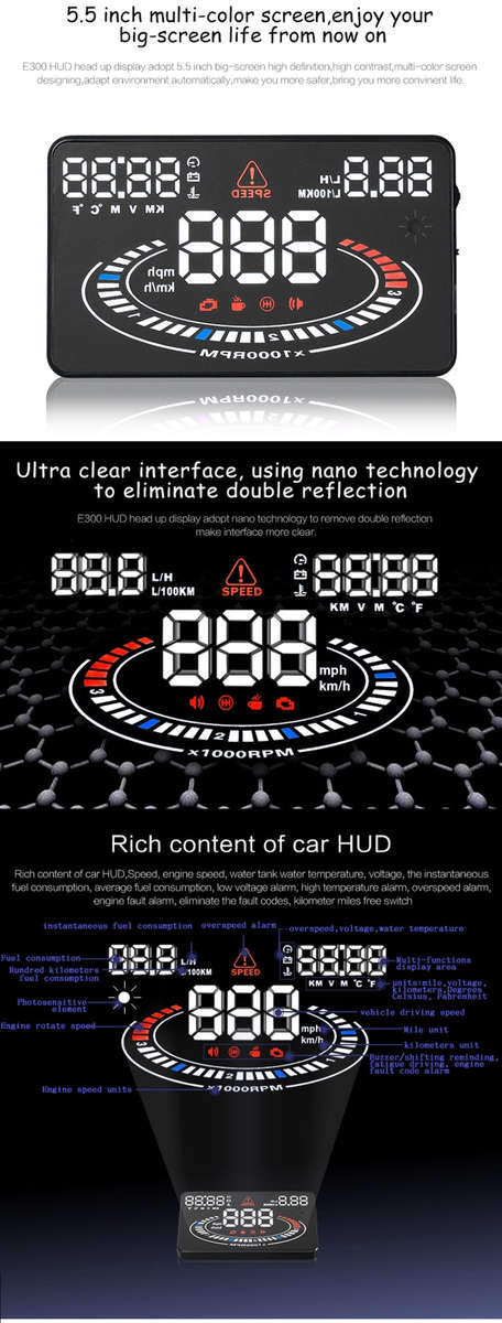 E300 5.5 inch Car OBDII / EUOBD HUD Vehicle-mounted Head Up Display Security System, Support Spee...