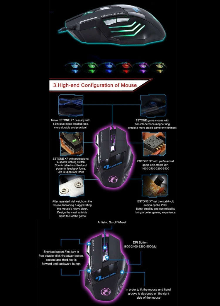 7 Buttons with Scroll Wheel 5000 DPI LED Wired Optical Gaming Mouse for Computer PC Laptop, X7 7 ...