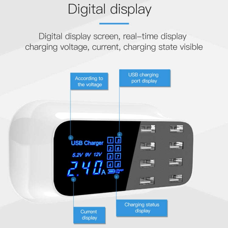 YC-CDA19A 8-port USB Multi-function 40W Intelligent Digital Display Fast Charging Dock, UK Plug, ...