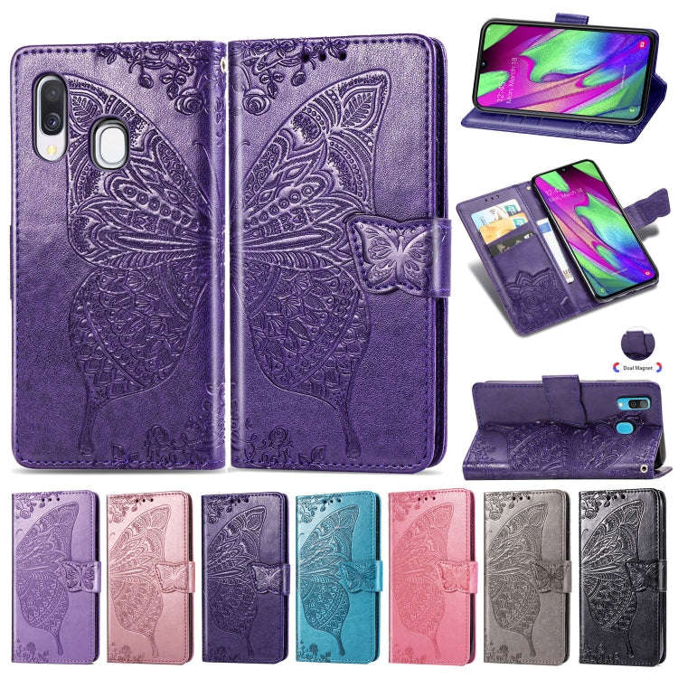 Butterfly Love Flowers Embossing Horizontal Flip Leather Case for Galaxy A40, with Holder & Card ...