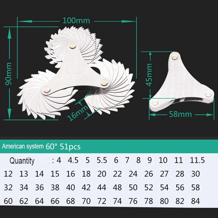 51 PCS US Screw Pitch Thread Blades 60 Degrees CR Stainless Steel Thread Gauge, 51 PCS Thread Gauge