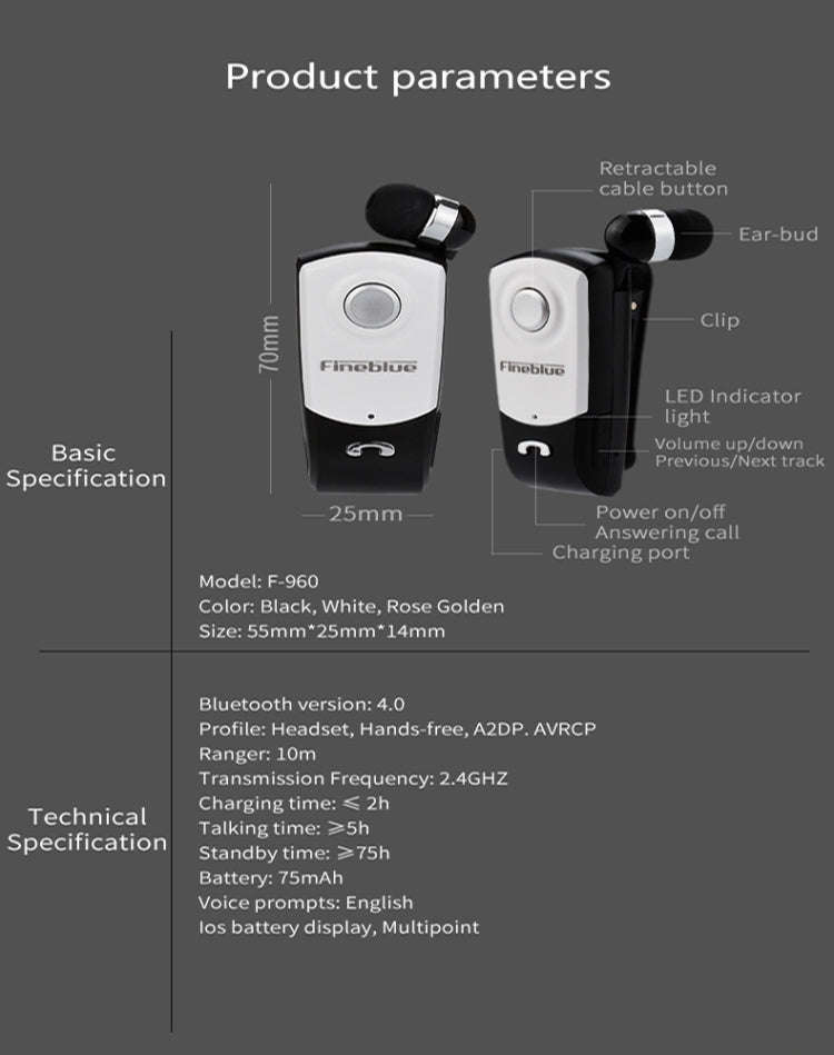 F960 CSR4.1 Retractable Cable Caller Vibration Reminder Anti-theft Bluetooth Headset, Black, Whit...