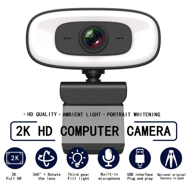 C10 2K HD Without Distortion 360 Degrees Rotate Three-speed Fill Light USB Free Drive Webcams, Bu...