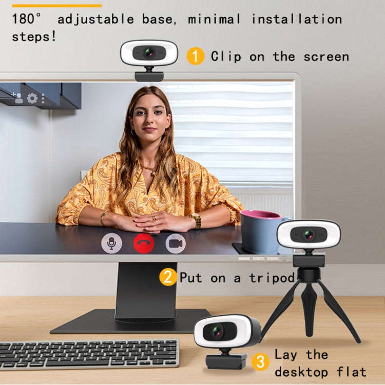 C10 2K HD Without Distortion 360 Degrees Rotate Three-speed Fill Light USB Free Drive Webcams, Bu...