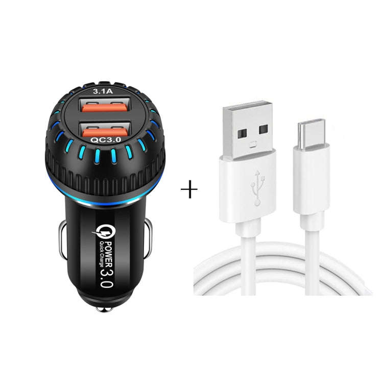 YSY-349 QC3.0 Dual Port USB Car Charger + 3A USB to USB-C / Type-C Data Cable, Length: 1m, with U...