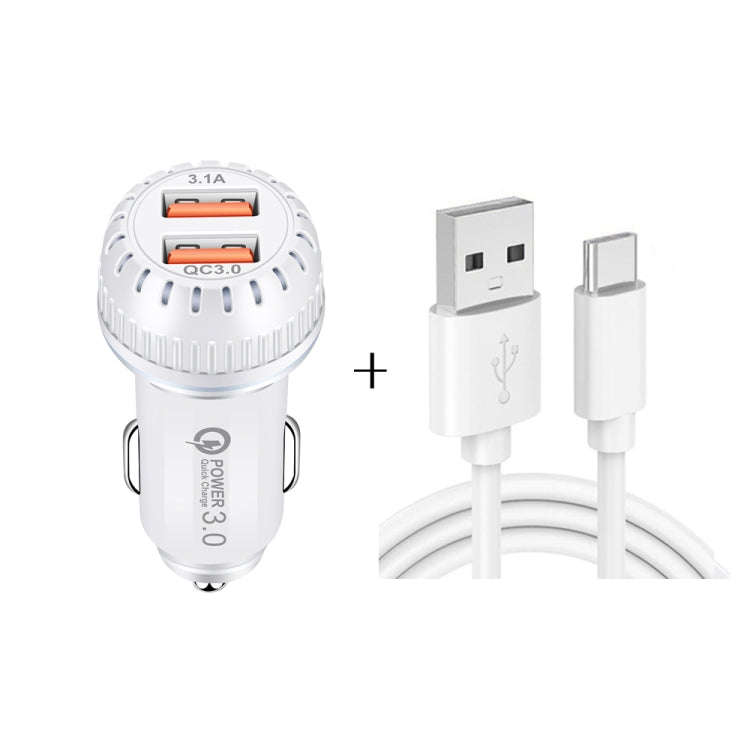 YSY-349 QC3.0 Dual Port USB Car Charger + 3A USB to USB-C / Type-C Data Cable, Length: 1m, with U...