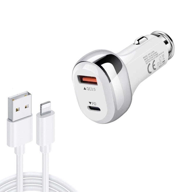 YSY-312PD QC3.0 18W USB + PD 20W USB-C / Type-C Car Charger with USB to 8 Pin Data Cable, PD 20W ...