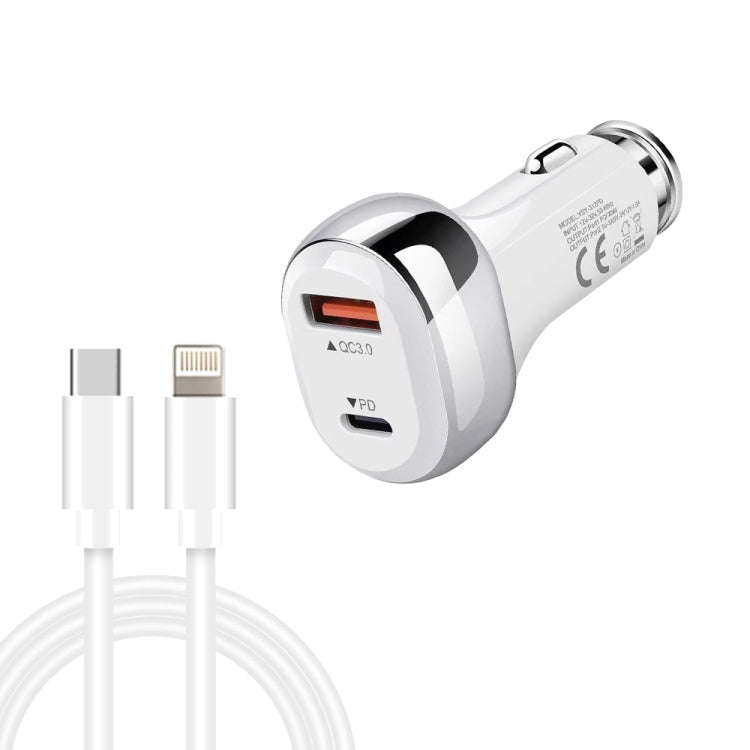 YSY-312PD QC3.0 18W USB + PD 20W USB-C / Type-C Car Charger with Type-C to 8 Pin Data Cable, PD 2...