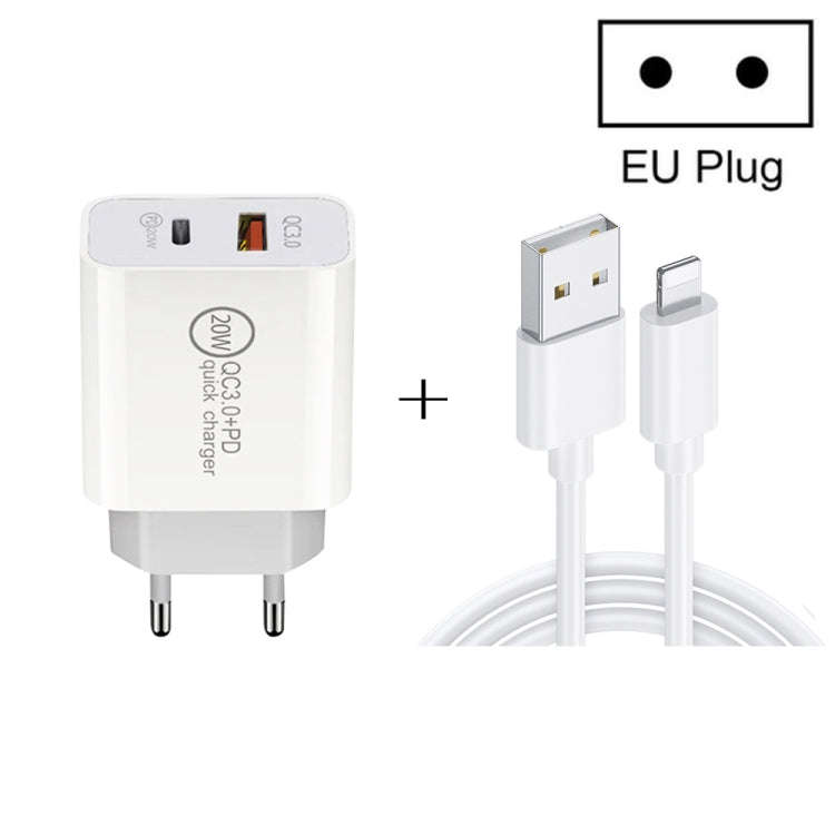 20W PD Type-C + QC 3.0 USB Interface Fast Charging Travel Charger with USB to 8 Pin Fast Charge D...