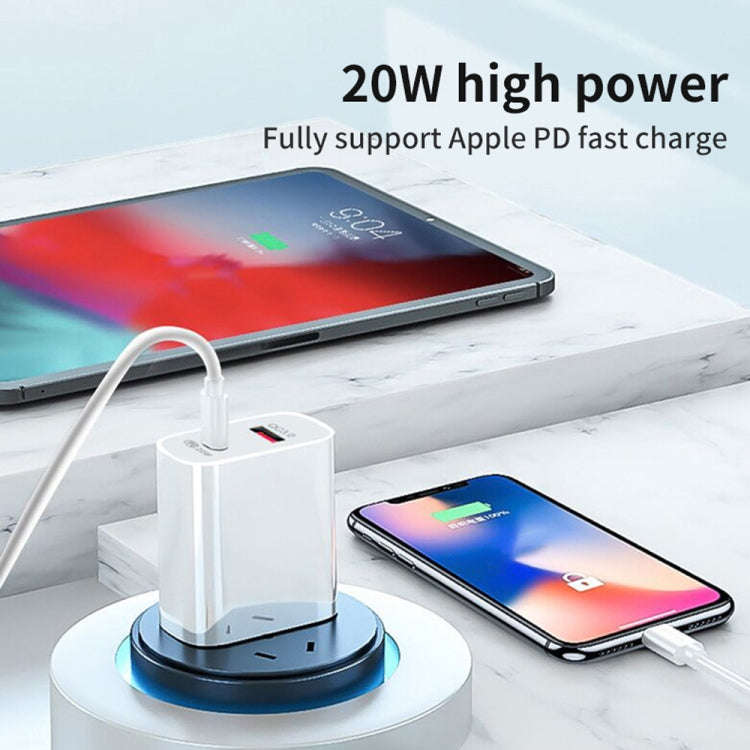 20W PD Type-C + QC 3.0 USB Interface Fast Charging Travel Charger with USB to 8 Pin Fast Charge D...