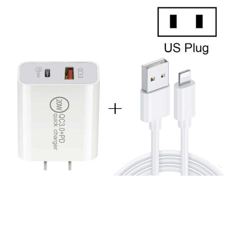 20W PD Type-C + QC 3.0 USB Interface Fast Charging Travel Charger with USB to 8 Pin Fast Charge D...