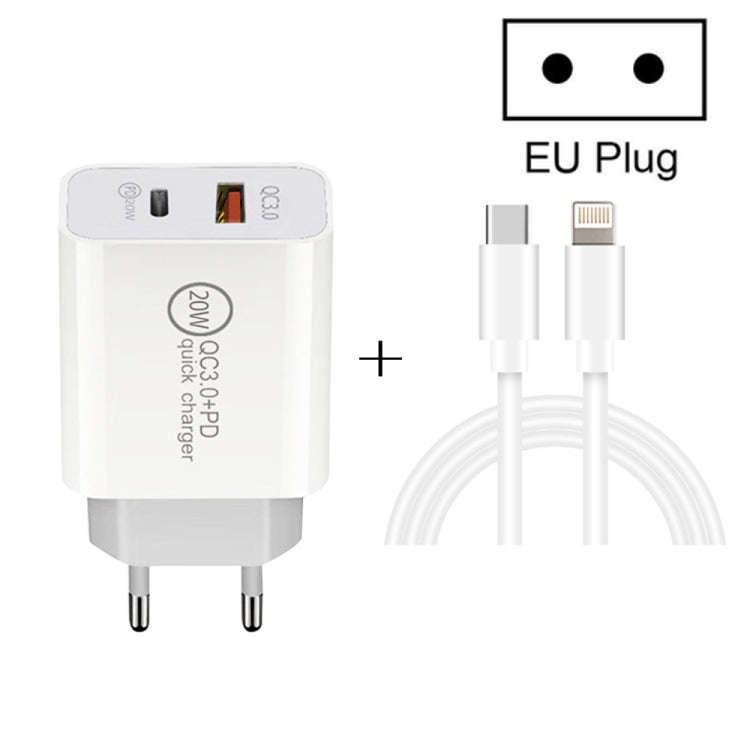 20W PD Type-C + QC 3.0 USB Interface Fast Charging Travel Charger with USB-C / Type-C to 8 Pin Fa...