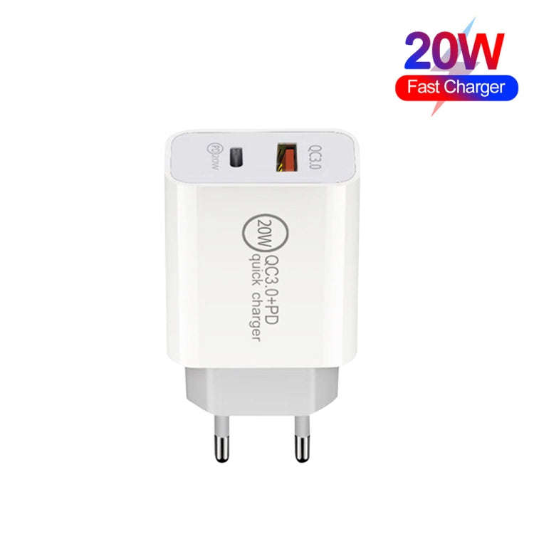 20W PD Type-C + QC 3.0 USB Interface Fast Charging Travel Charger with USB-C / Type-C to 8 Pin Fa...