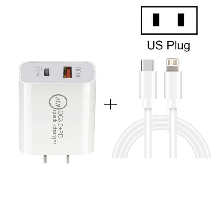 20W PD Type-C + QC 3.0 USB Interface Fast Charging Travel Charger with USB-C / Type-C to 8 Pin Fa...