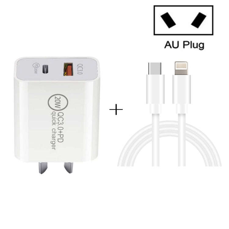 20W PD Type-C + QC 3.0 USB Interface Fast Charging Travel Charger with USB-C / Type-C to 8 Pin Fa...