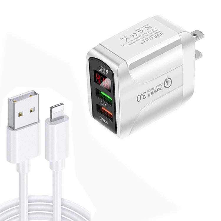 F002C QC3.0 USB + USB 2.0 LED Digital Display Fast Charger with USB to 8 Pin Data Cable, US Plug,...