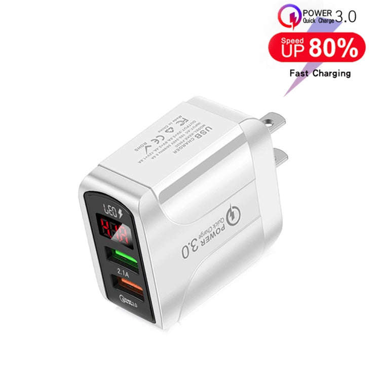 F002C QC3.0 USB + USB 2.0 LED Digital Display Fast Charger with USB to 8 Pin Data Cable, US Plug,...