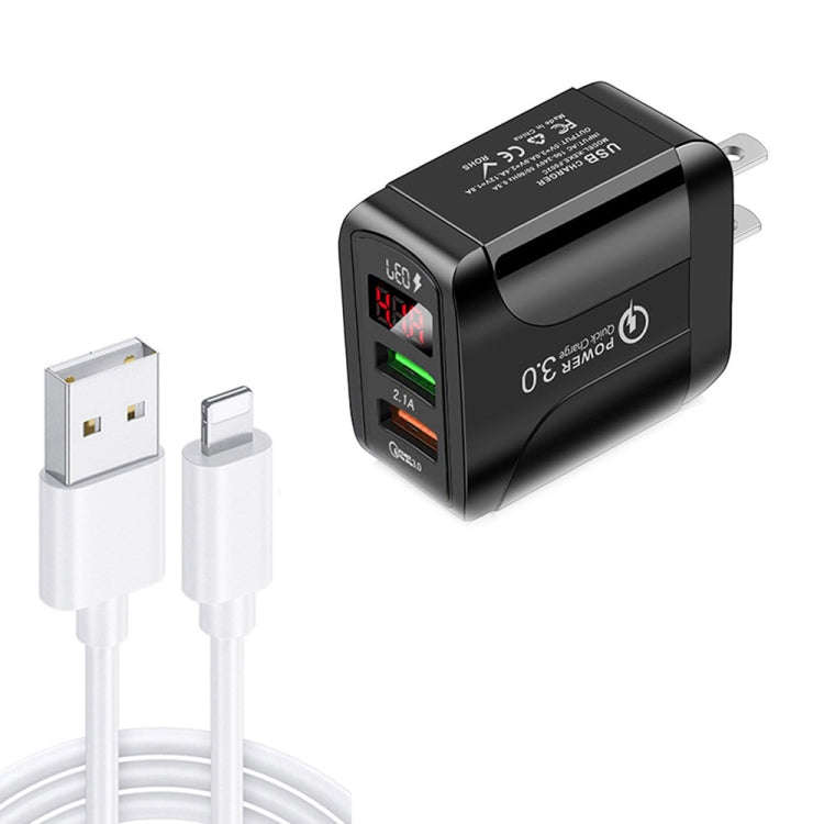 F002C QC3.0 USB + USB 2.0 LED Digital Display Fast Charger with USB to 8 Pin Data Cable, US Plug,...