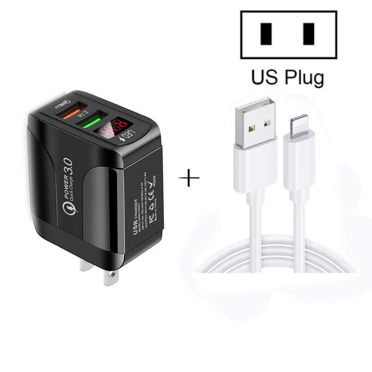 F002C QC3.0 USB + USB 2.0 LED Digital Display Fast Charger with USB to 8 Pin Data Cable, US Plug,...
