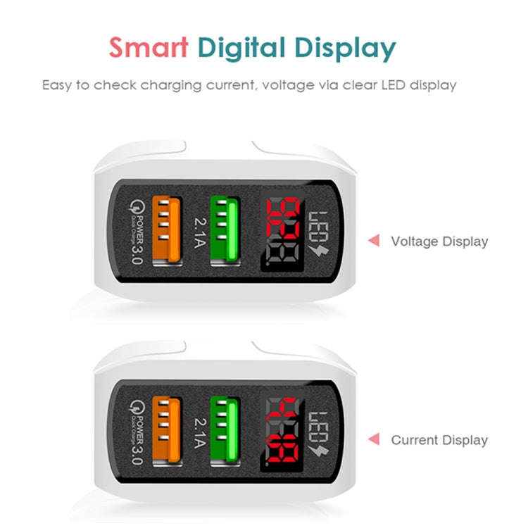 F002C QC3.0 USB + USB 2.0 LED Digital Display Fast Charger with USB to 8 Pin Data Cable, US Plug,...