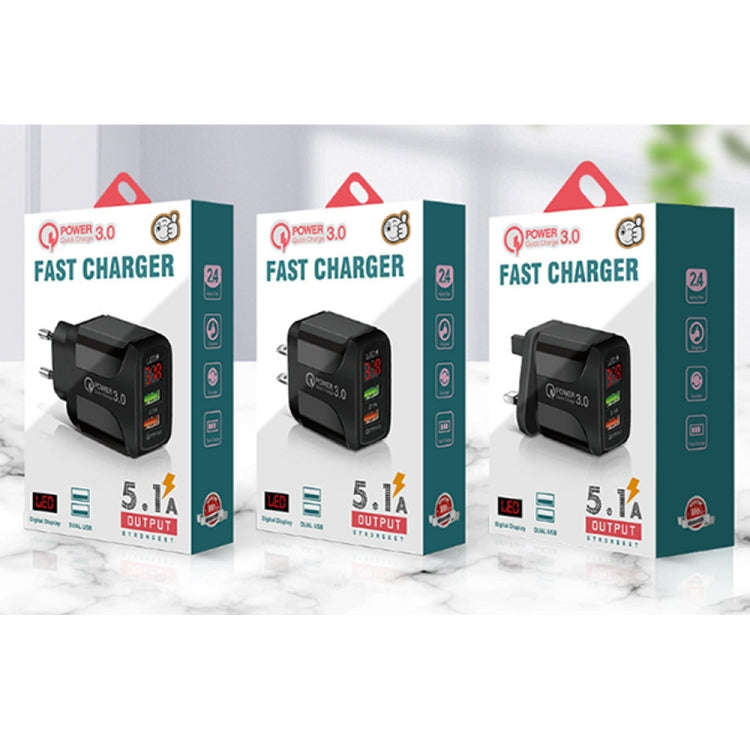 F002C QC3.0 USB + USB 2.0 LED Digital Display Fast Charger with USB to 8 Pin Data Cable, US Plug,...